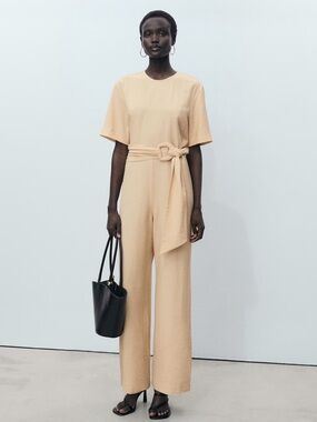 Mango Cream Short-Sleeve Wide-Leg Jumpsuit with Tie Belt